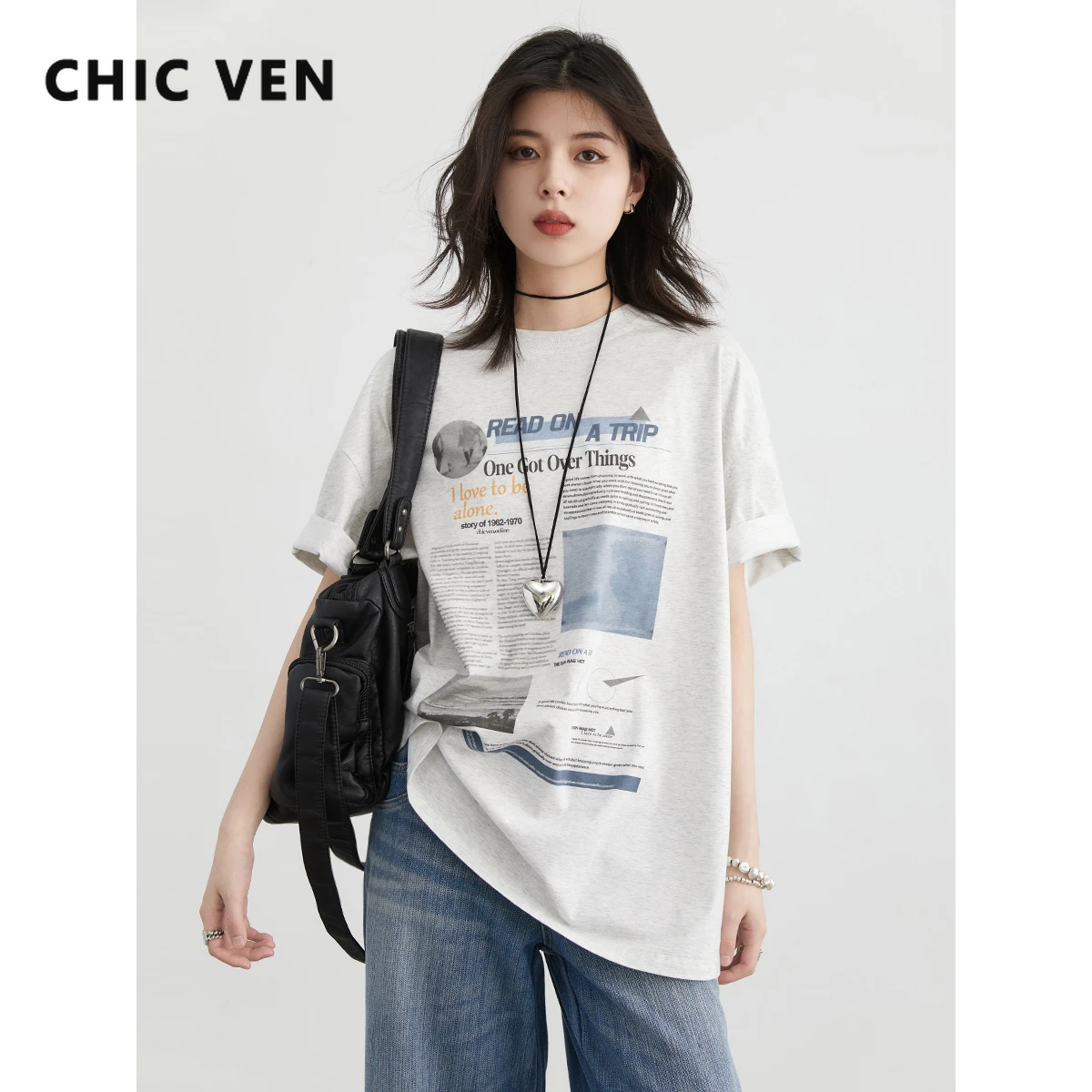 CHIC VEN 여성용 루즈핏 라운드넥 티셔츠
