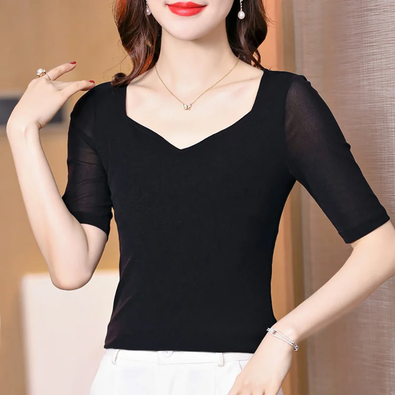 여성용 메쉬 반팔 티셔츠