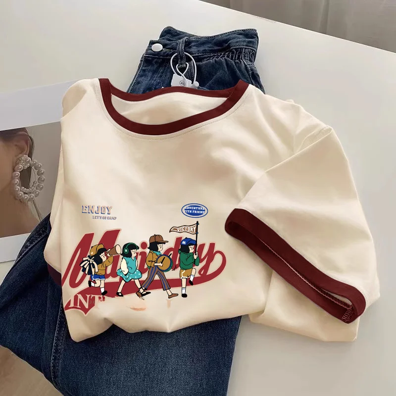 슬리밍 루즈핏 여름 아메리칸 스타일 반팔 여성 크래커 카키 퓨어 코튼 여성 의류 2024 New Tops 티셔츠