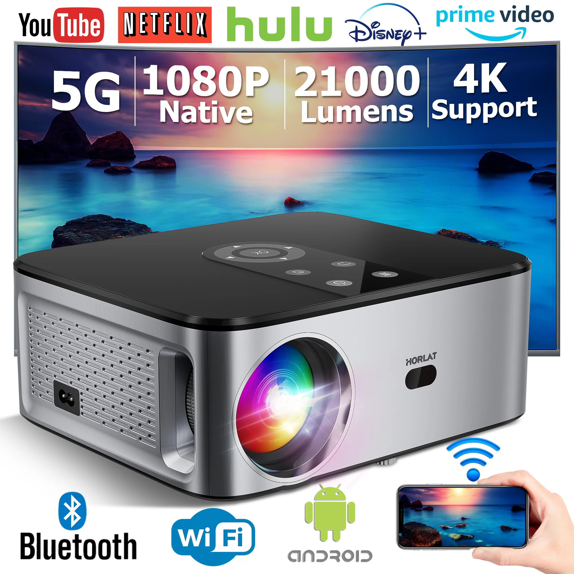 HORLAT 21000 루멘 안드로이드 4K LED 프로젝터