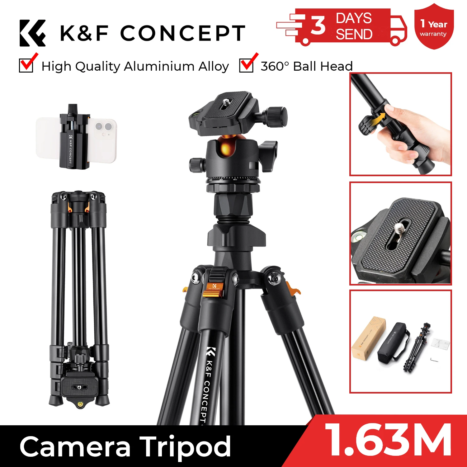 K & F Concept 휴대용 카메라 여행 삼각대 캐논 니콘 소니 DSLR 용 360 도 볼 헤드가있는 유연한 Vlog 삼각대