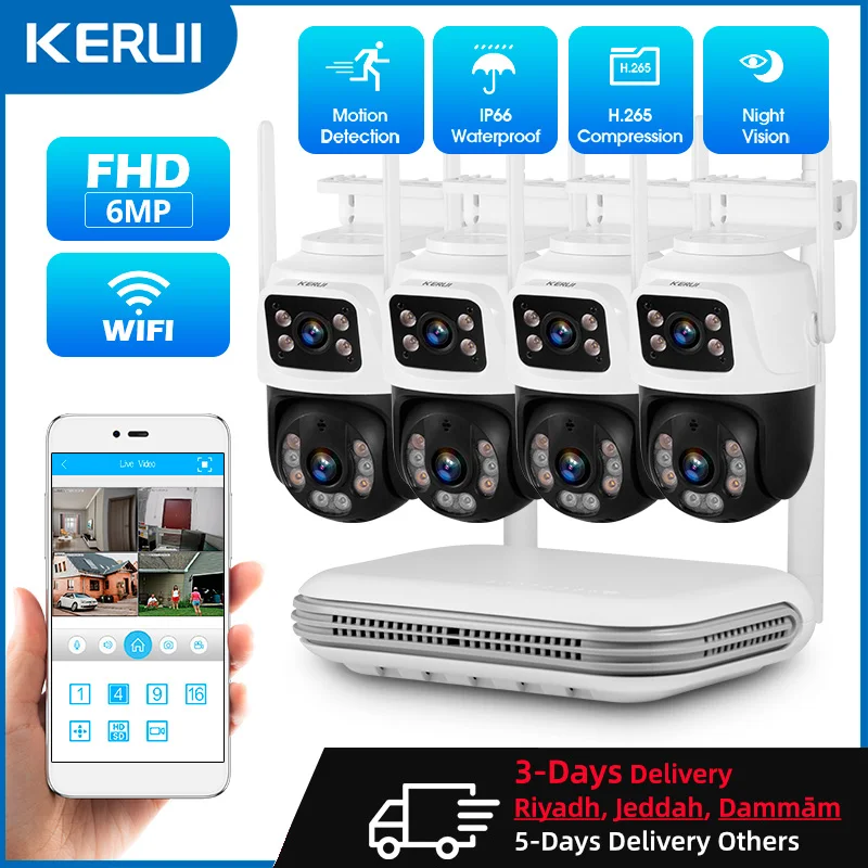 KERUI 무선 NVR 보안 와이파이 IP 듀얼 렌즈 카메라 시스템 키트