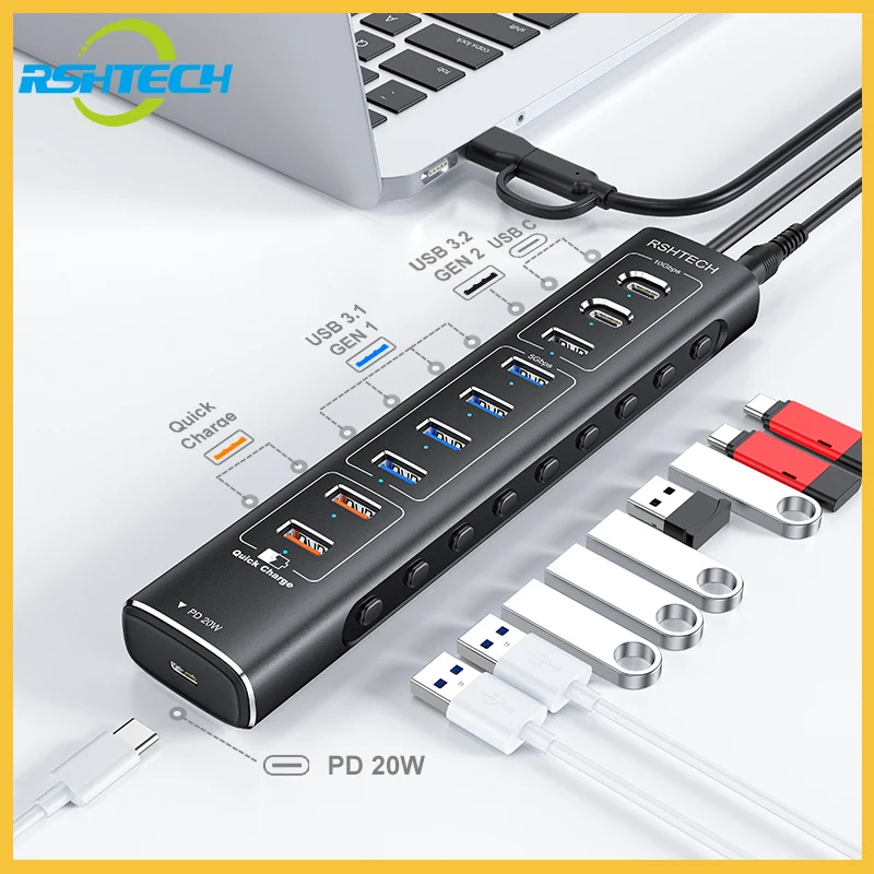 RSHTECH USB 3.2 허브 노트북 PC용 알루미늄 USB 분배기
