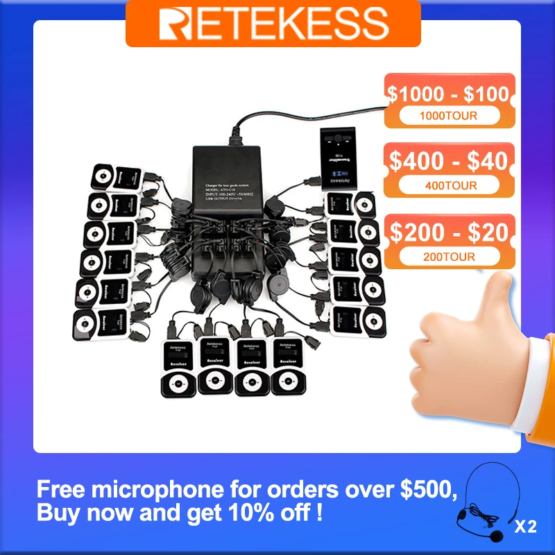 Retekess T130 무선 투어 가이드 시스템 세트 무선 오디오 투어 가이드 헤드셋 투어 그룹 가이드 교회 번역 시스템 공장견학용 해석 관광지 박물관 학교 방문 순례 여행