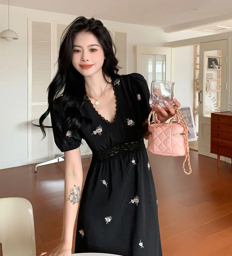 수 놓은 퍼프 슬리브 드레스 여성 여름 우아한 스커트 Bbw 허리 장착 슬리밍 a 라인 스커트