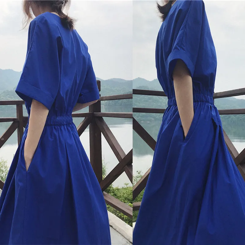 짧은 소매 셀린 블루 긴 드레스 여성 여름 로얄 블루 대형 유럽 패션 허리 장착 드레스