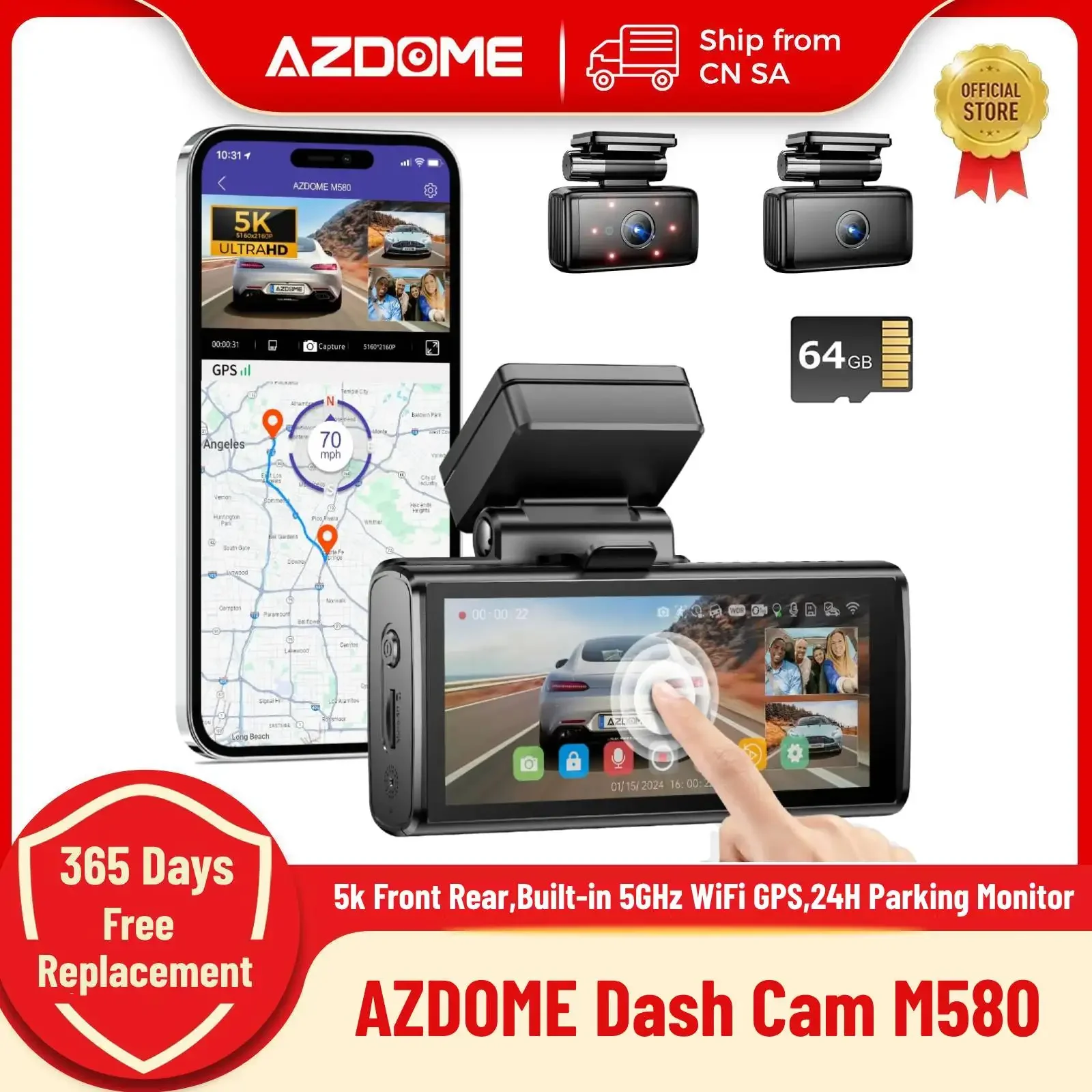 AZDOME M580 대시 캠 5k 전면 후면 자동차 카메라