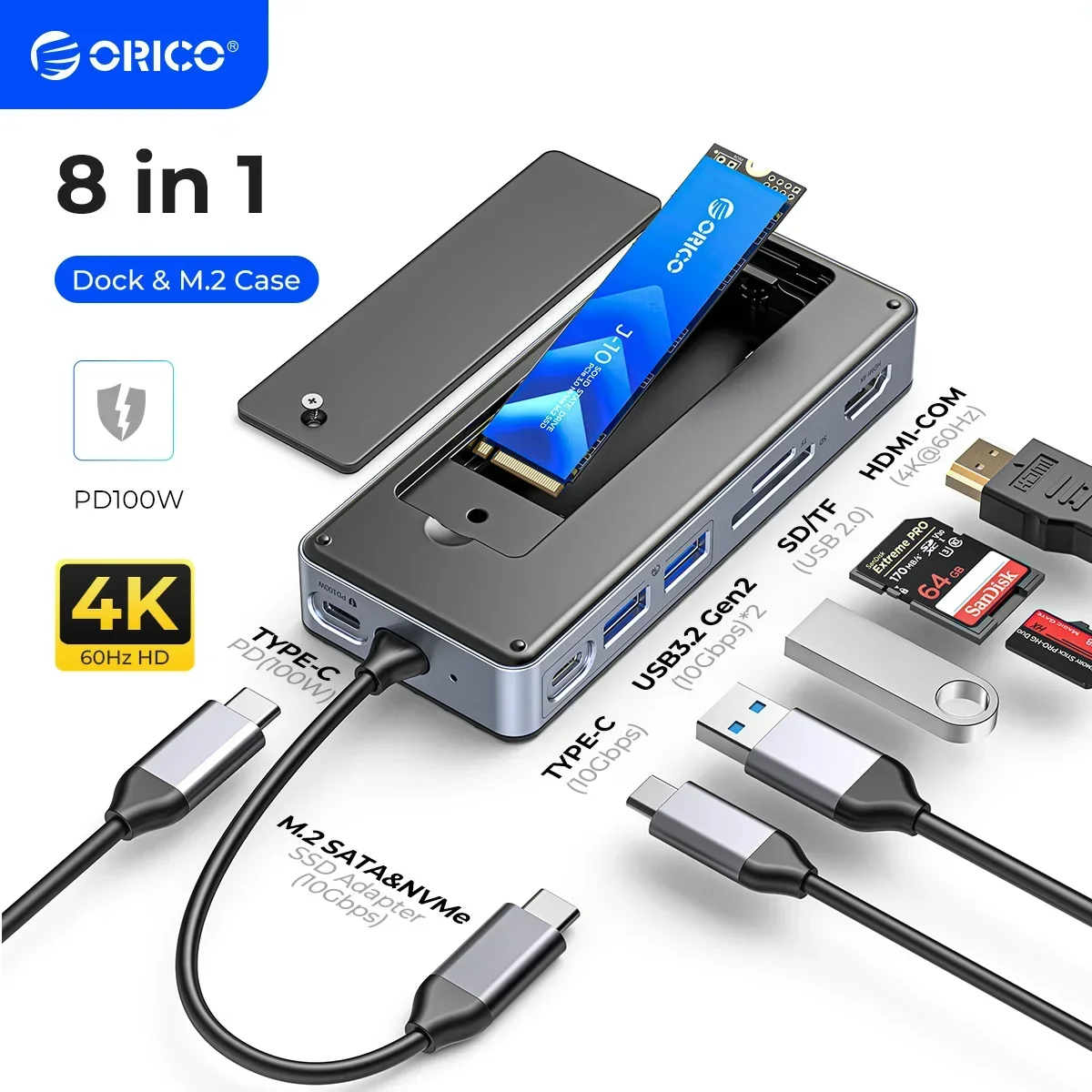 ORICO USB C 허브 SSD 인클로저 노트북 도킹 스테이션