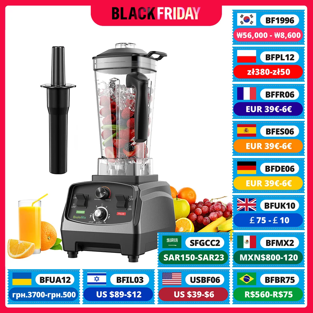 BioloMix 3HP 2200W 상용 등급 헤비 듀티 타이머 블렌더 믹서 쥬서 과일 식품 가공기 아이스 스무디 BPA 프리 2L 병
