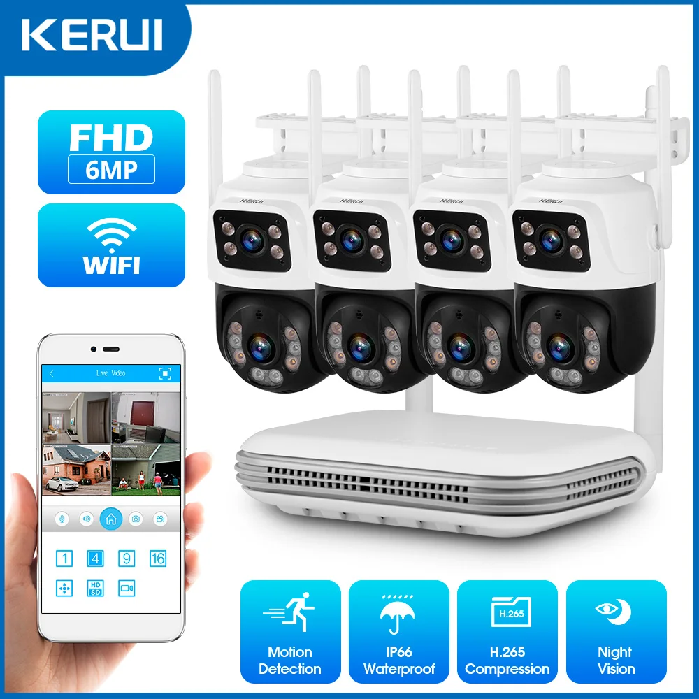KERUI 무선 NVR 보안 와이파이 IP 듀얼 렌즈 카메라 시스템 키트