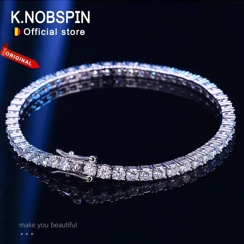 KNOBSPIN 4mm D 컬러 모이사나이트 테니스 팔찌 925 스털링 실버 도금 여성용 18k 화이트 골드 팔찌 남자 스파클링 파티 쥬얼리 도매
