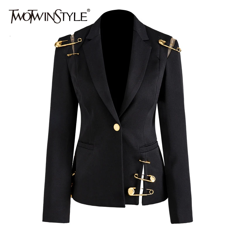 TWOTWINSTYLE 루즈핏 블랙 할로우 아웃 핀 스플라이스 재킷 블레이저
