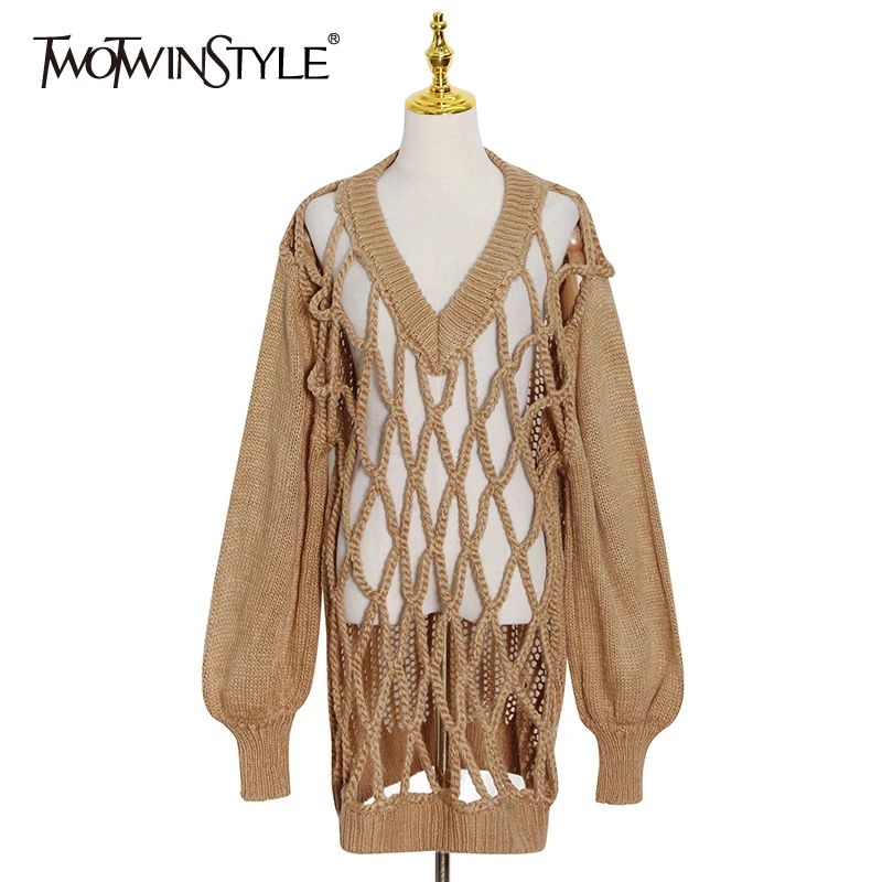 TWOTWINSTYLE 여성용 섹시한 화이트 할로우 아웃 니트 탑