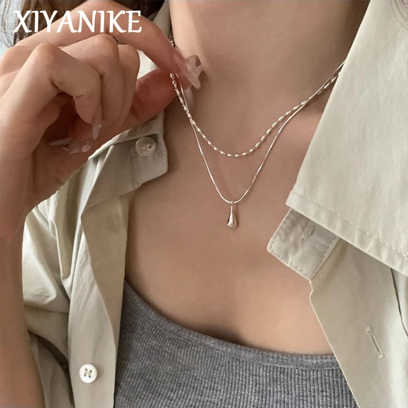 XIYANIKE 여성용 미니멀리스트 더블 레이어 물방울 펜던트 목걸이