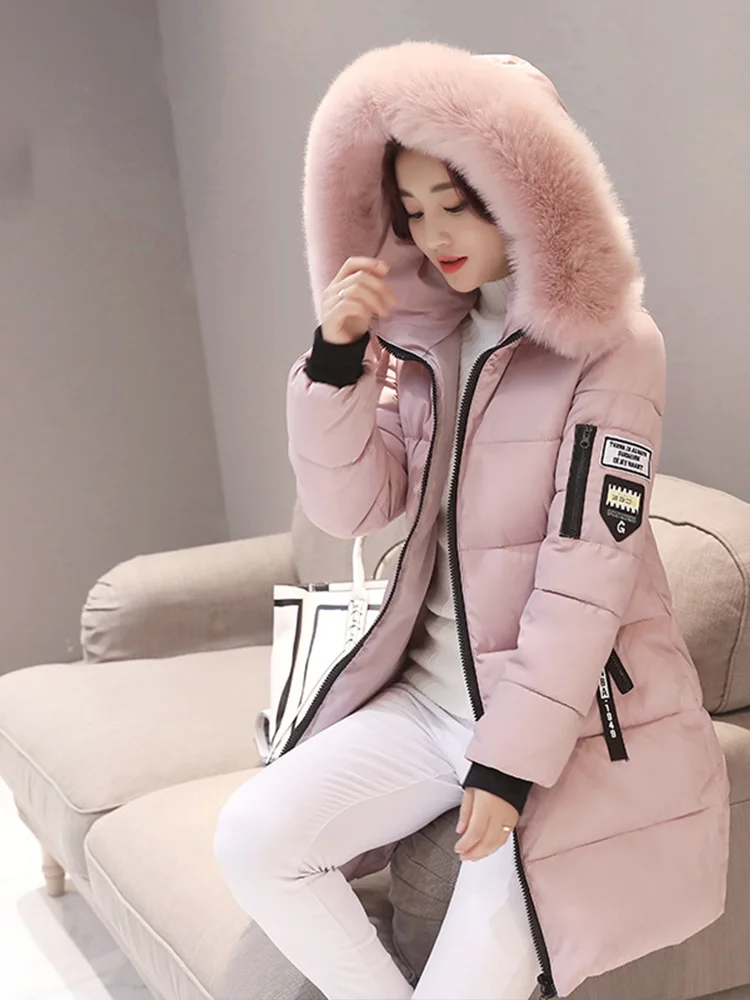 여성용 겨울 모피 칼라 후드 파카 패션 레터 패치 지퍼 포켓 디자인 롱 재킷