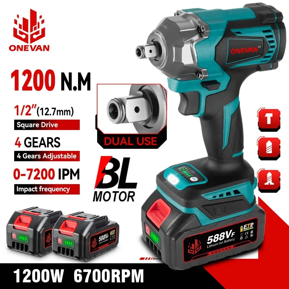 ONEVAN 1200N.M 토크 브러시리스 전기 임팩트 렌치 Makita 18V 배터리 용 1/2 인치 무선 렌치 스크루 드라이버 전동 공구
