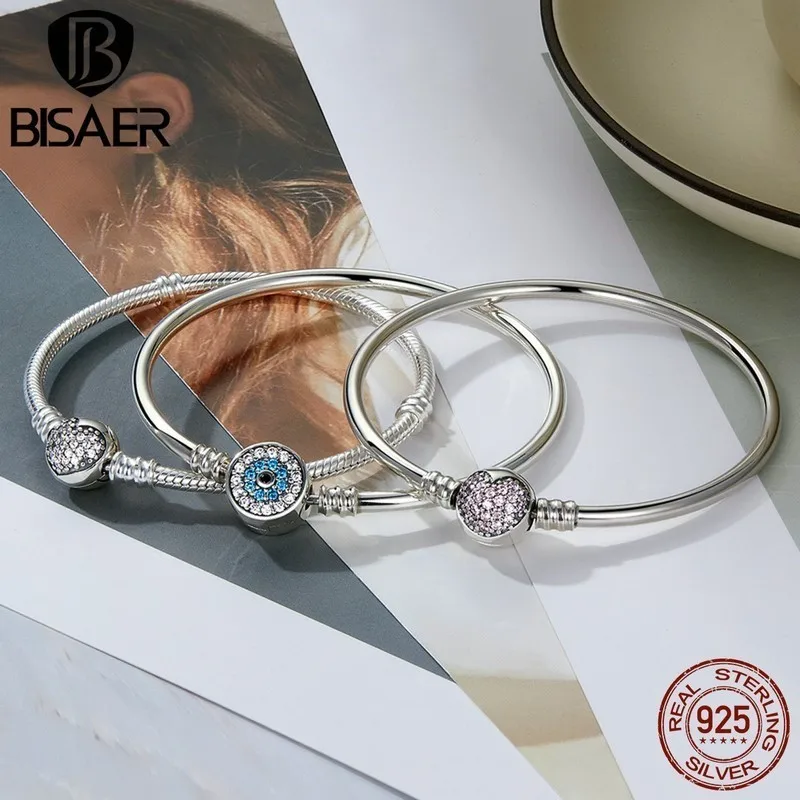 BISAER-100% 925 스털링 실버 기본 스네이크 체인 지르콘 팔찌