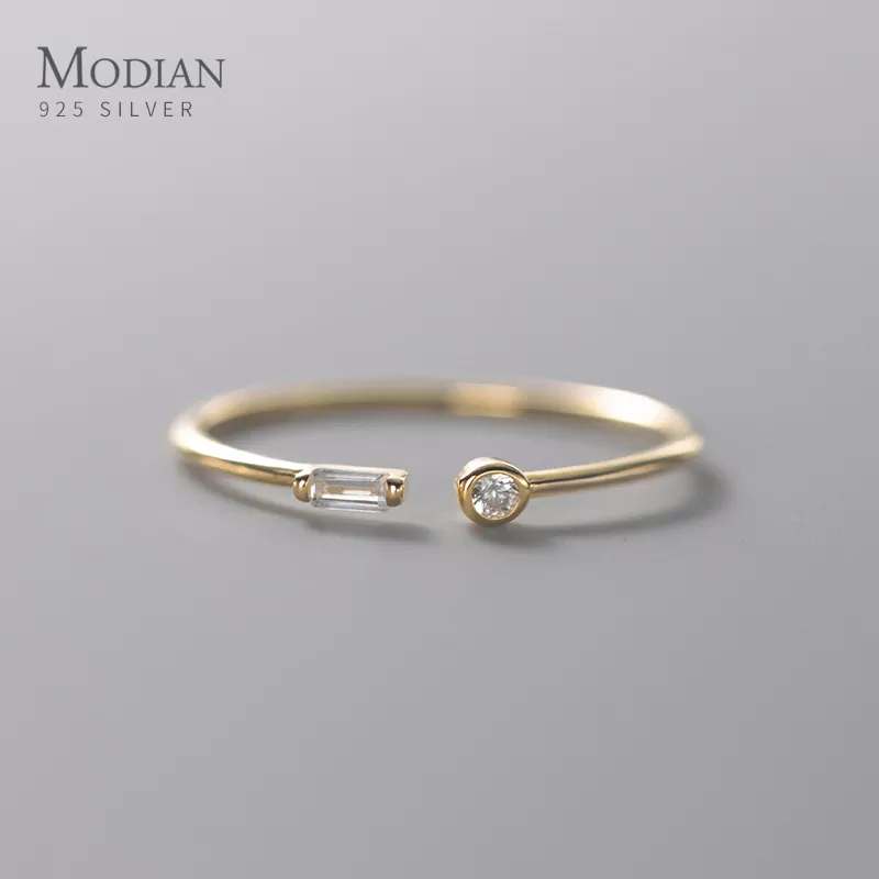 Modian 진짜 925 스털링 실버 간단한 얇은 지우기 CZ 손가락 반지 조정 가능한 14K 골드 반지 여성을위한 웨딩 쥬얼리 선물