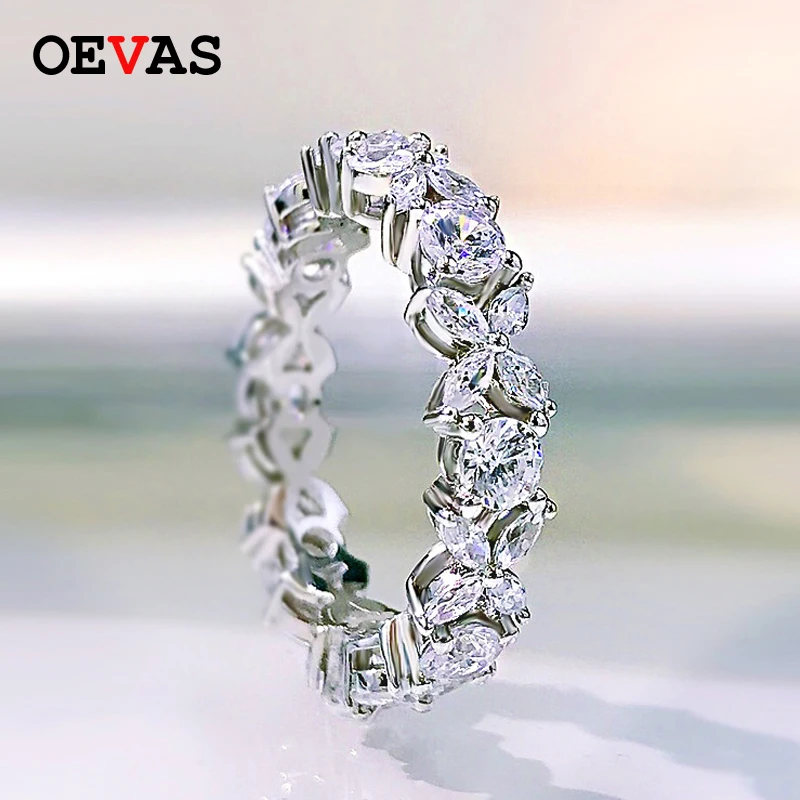 OEVAS 100% 925 스털링 실버 스파클링 풀 하이 카본 다이아몬드 지르콘 플라워 링 여성용 약혼 웨딩 파인 쥬얼리