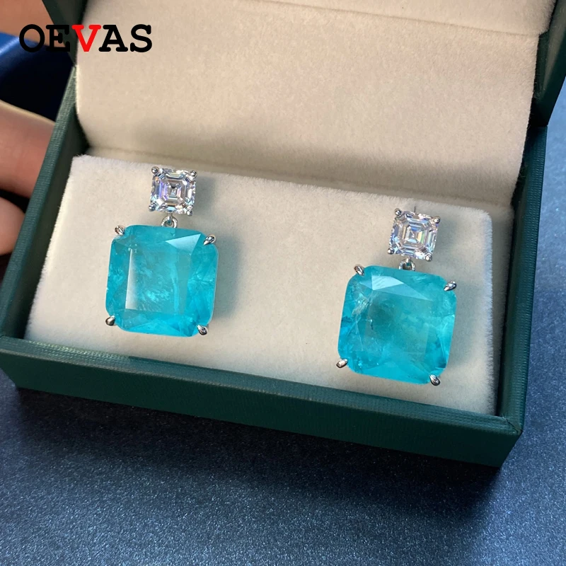 OEVAS 솔리드 925 스털링 실버 패션 파라바 전기석 보석 드롭 귀걸이