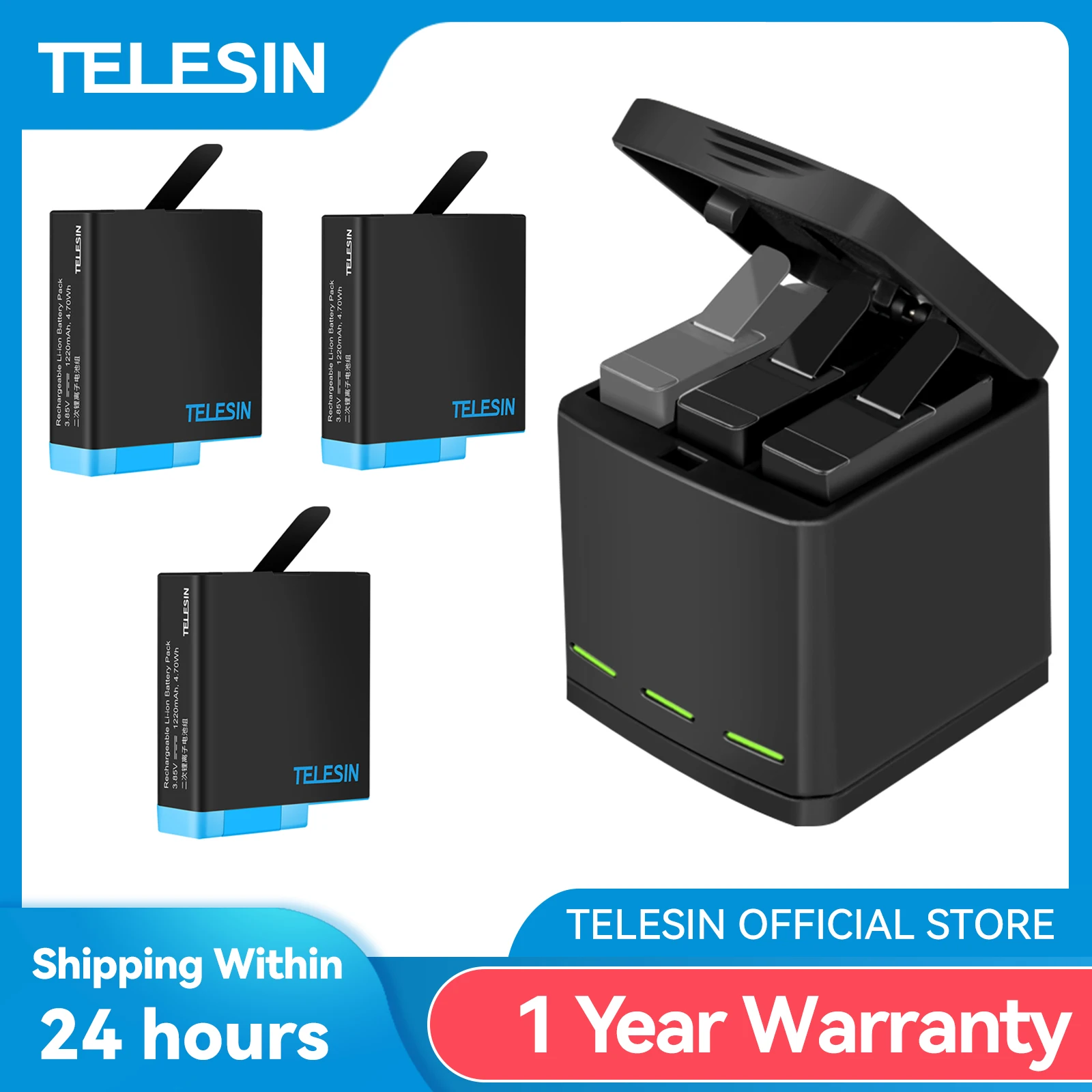 TELESIN 고프로 히어로 5 6 7 8 블랙 카메라용 LED 라이트 배터리 충전기 보관함