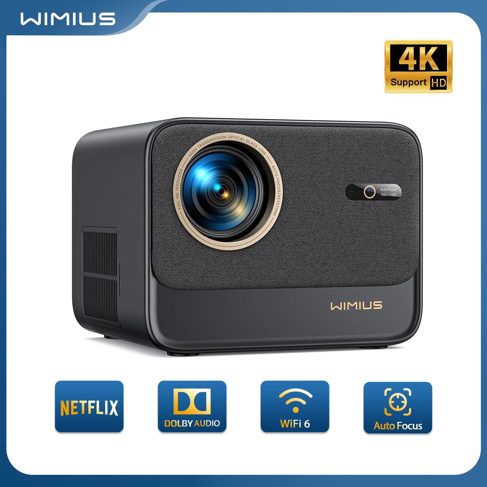 Wimius 넷플릭스 공식 자동 초점 키스톤 FHD 1080p 와이파이 6 블루투스 지지대 돌비 홈 시어터 프로젝터