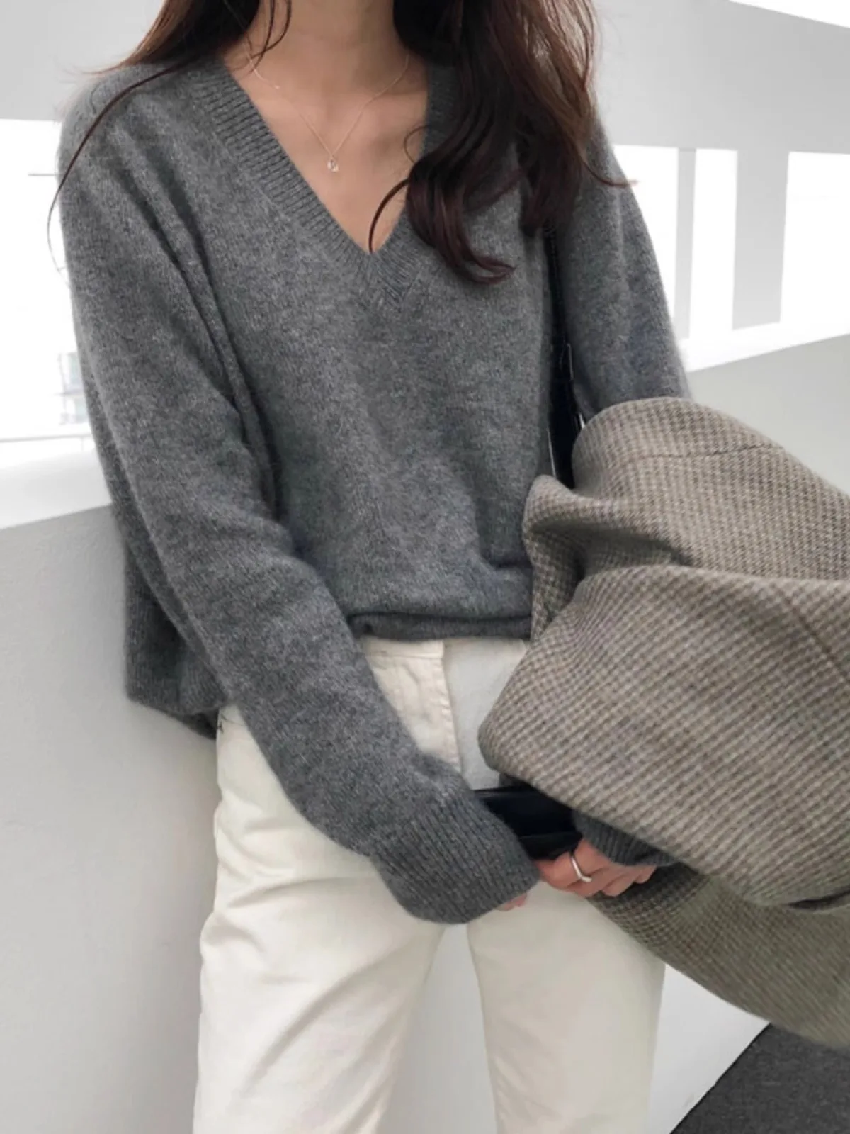 여성용 V넥 100% 순수 캐시미어 스웨터