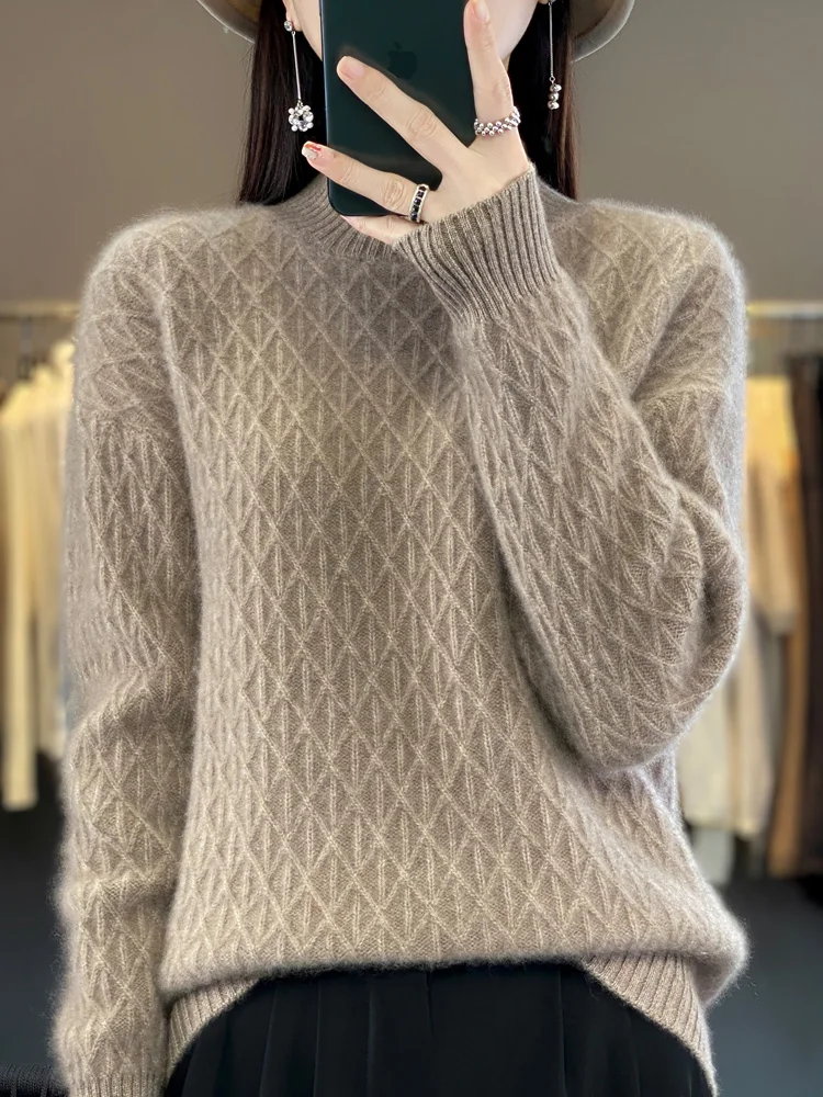 여성용 모크넥 다이아몬드 격자 풀오버 두꺼운 스웨터