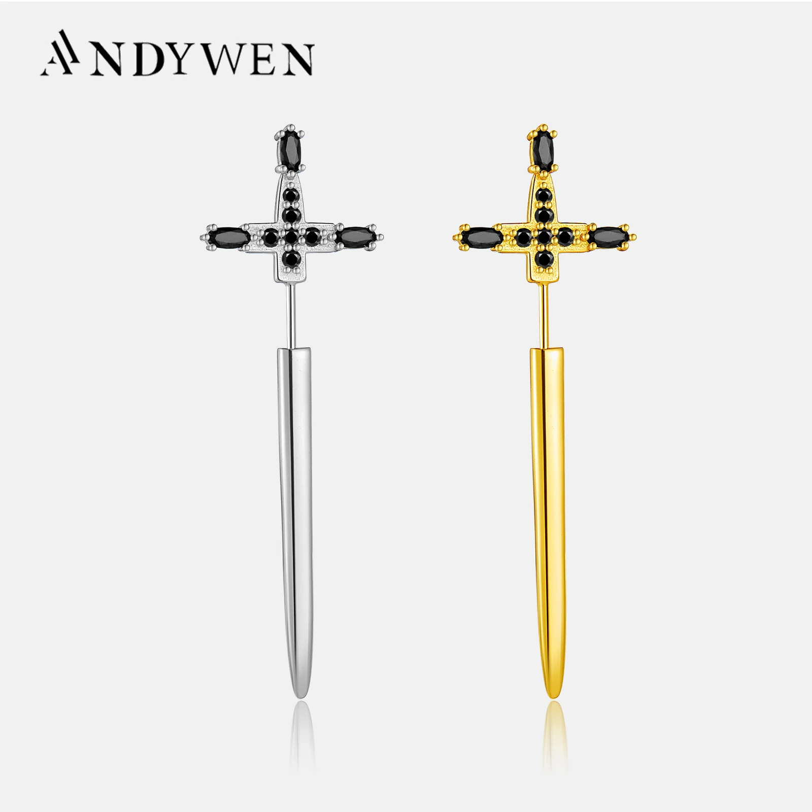 ANDYWEN 925 스털링 실버 슬레이 블랙 골드 개거 싱글 롱 귀걸이