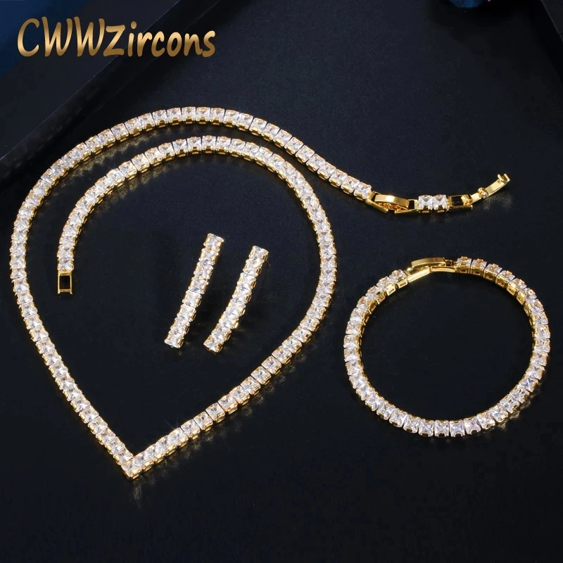 CWWZircons 반짝이는 옐로우 골드 컬러 공주 컷 큐빅 지르코니아 목걸이 귀걸이 팔찌