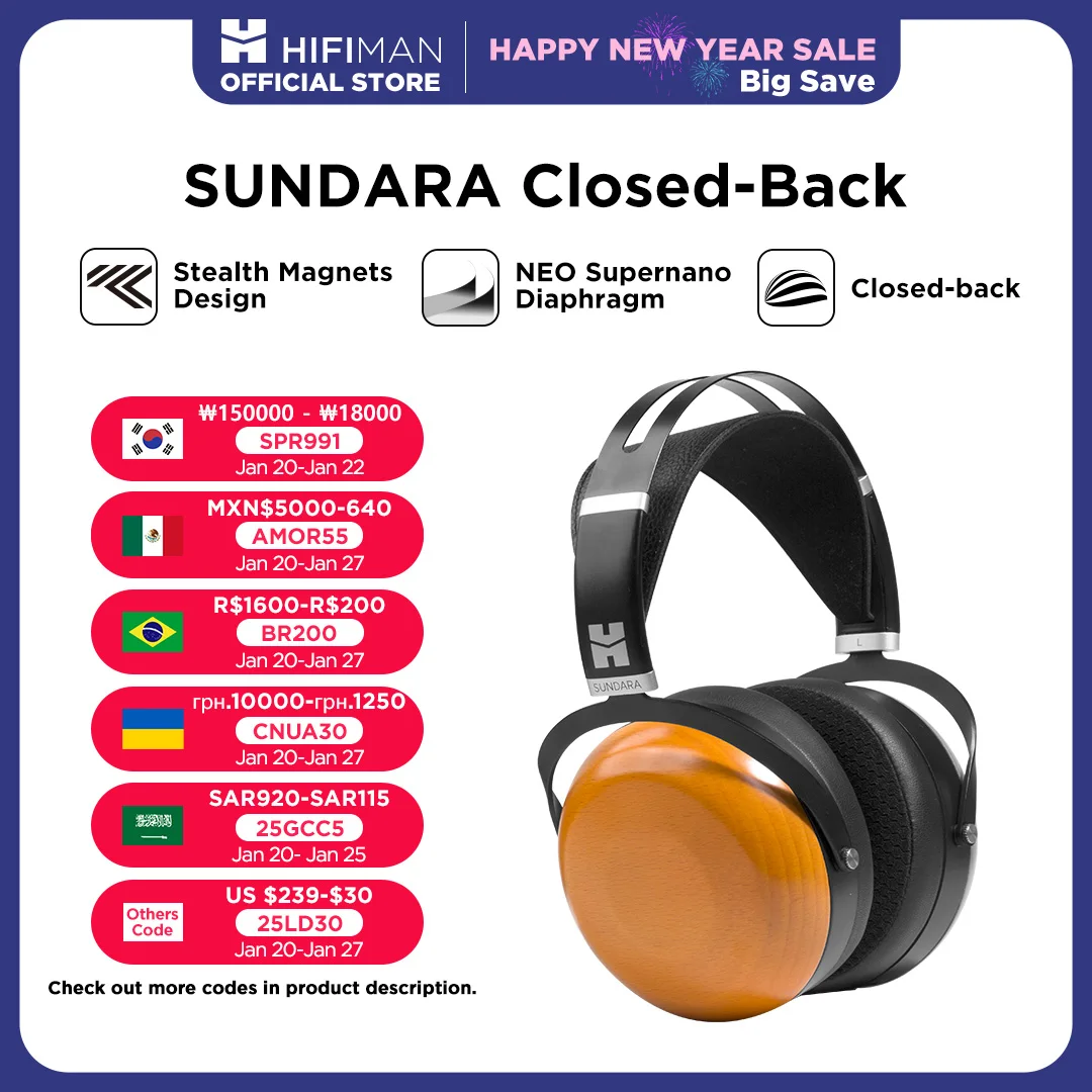 HIFIMAN SUNDARA 클로즈백 오버 이어 평면 마그네틱 유선 하이파이 헤드폰