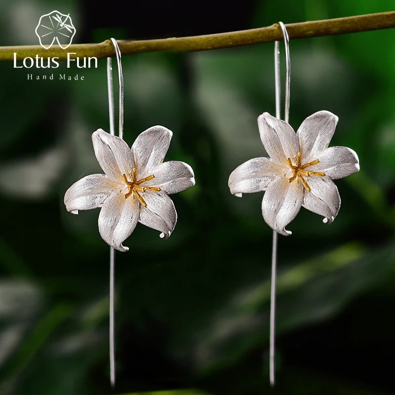 Lotus Fun-18K 골드 백합 꽃 매달려 귀걸이