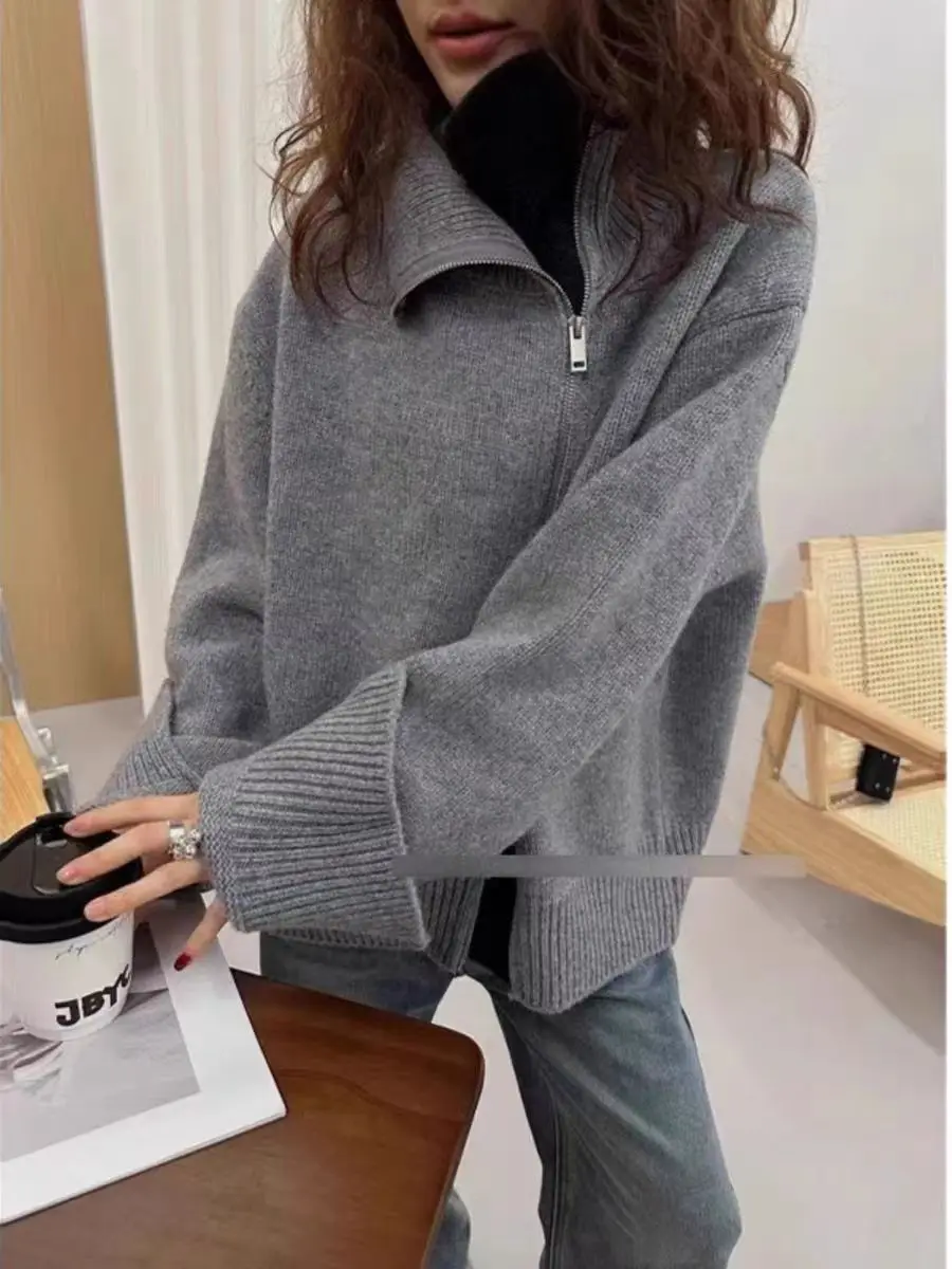 여성용 터틀넥 지퍼 100% 캐시미어 카디건
